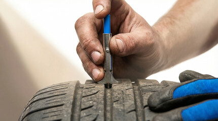 Mechanic measuring tire tread depth with gauge, car maintenance concept