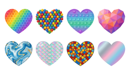 Heart collection set including diverse textures like geometric, marble, mosaic, scales, and rainbow patterns isolated. Colorful decorative for love and valentine designs.