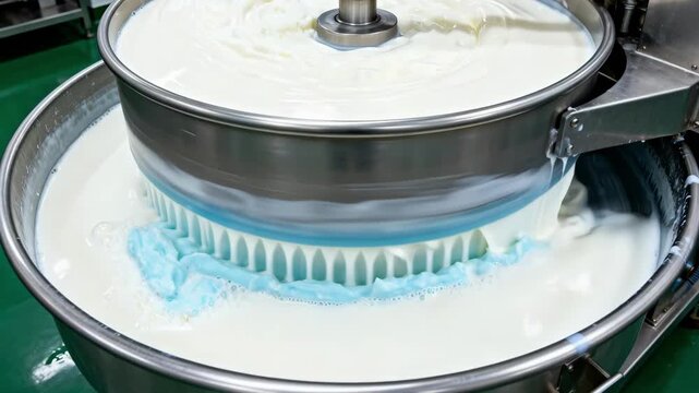 Floorlevel perspective of a spinning centrifuge separating dairy milk into rich cream and skim milk capturing motion blur and mechanical efficiency in operation.