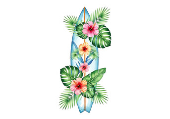 Tropical surfboards with hibiscus flowers isolated on transparent background