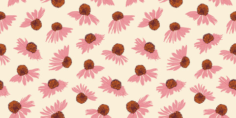 Seamless Pattern with Pink Chamomile Buds. Abstract Summer Background with Echinacea Purpurea for textile design, posters, banners, covers, postcards