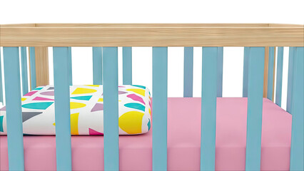 Baby Crib with Blue Rails and Colorful Pillow