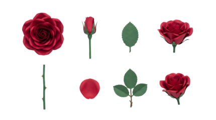 Red paper rose set including blooming flower, bud, petals, leaves, and thorned stem isolated. Decorative floral handicraft and wedding design elements.