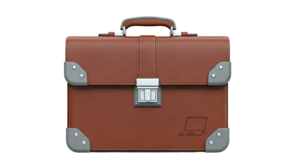 Brown Leather Briefcase with Silver Clasp and Laptop Emblem