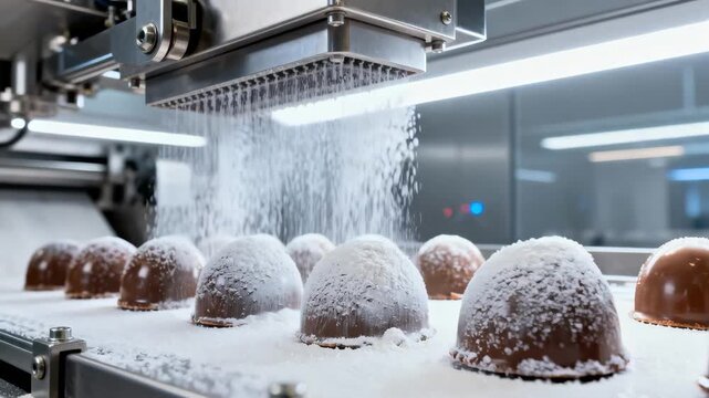 Closeup medium shot capturing sugar shells being evenly coated on nougat confections emphasizing precision and texture in a hightech chocolatefree enrobing process.