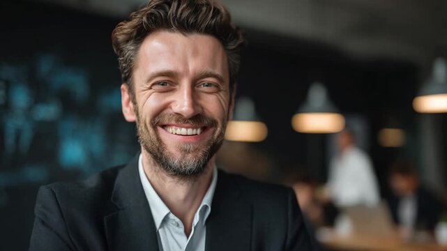 Confident Smile: Capturing the essence of modern professional, a man radiates charisma and poise with a genuine, infectious smile, conveying approachability and confidence.