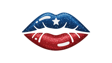 Glittering lips in patriotic red white and blue colors with a prominent white star on the upper lip against a solid black background a bold glamorous 