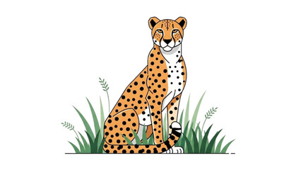 A cartoon cheetah sitting in tall grass, looking directly at the viewer with a calm expression. © Stock Image Paradise