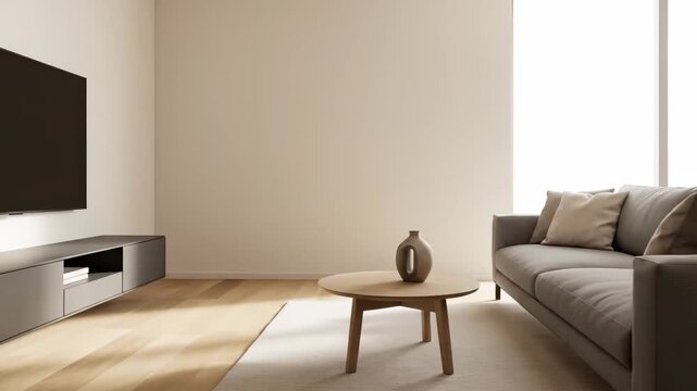 A clean, modern living space featuring a wall-mounted flat-screen TV