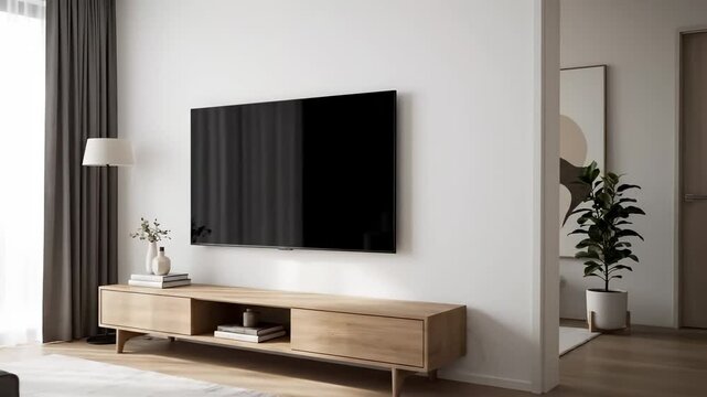 A clean, modern living space featuring a wall-mounted flat-screen TV