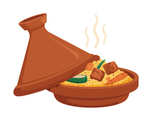 Moroccan Tagine Pot flat vector illustration featuring traditional clay cookware with colorful stew, authentic North African cuisine concept on white background.