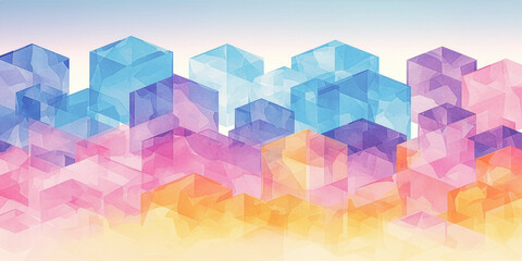 水彩風のテクスチャを持つカラフルな半透明の立方体が積み重なった抽象的な背景