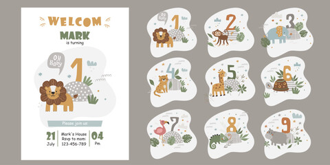 Vector invitation template for children's birthday party with cute african animals. Invitation design.
