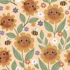 Vector seamless pattern with cute sunflowers and bees. Perfect for kids fabric, paper and gift designs
