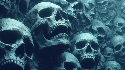 Pile of human skulls in cold blue light creates dark atmosphere of death history memory horror disaster
