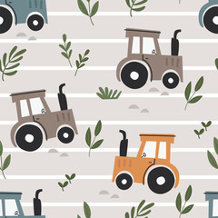 Vector seamless pattern with cute tractors. Pattern for bedroom, wallpaper, kids and baby wear.