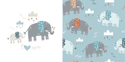 A children's set of poster and seamless pattern featuring mother and baby elephants. Perfect for kids bedding, fabric, wallpaper, wrapping paper, textile, t-shirt print and cards