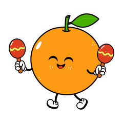Orange fruit cartoon character playing maracas and dancing