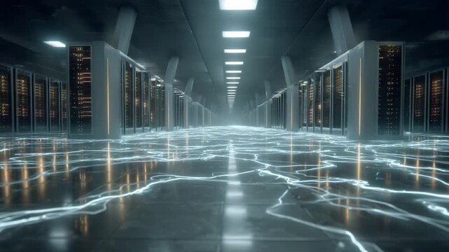 Data Center Network: A futuristic data center, buzzing with energy, reflects the complex and interconnected nature of information technology. Server racks line the interior.
