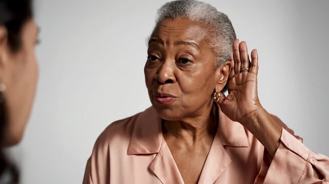 Elderly african american woman with hearing loss cupping her hand to her ear, trying to listen carefully to her doctor during a medical consultation isolated on a white background