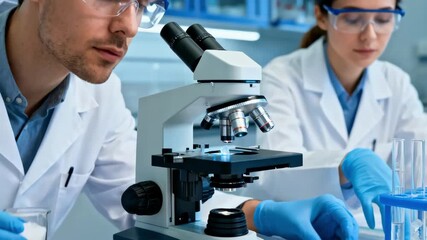 Close medium shot of scientists in a sugar testing lab focusing on experimental setups with microscopes and calibrated devices to monitor crystal structure and purity.