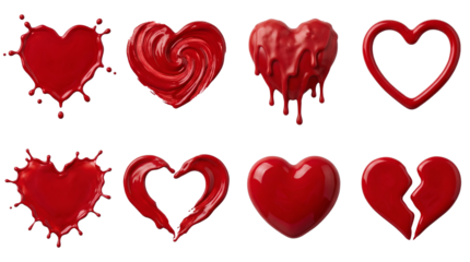 Red heart set including splashy, swirled, dripping, hollow, glossy, and broken styles isolated. Valentine and love symbol collection.