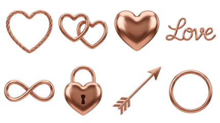 Rose gold romantic set including twisted heart, interlocking rings, infinity symbol, padlock, and arrow isolated. Valentine and wedding jewelry collection.