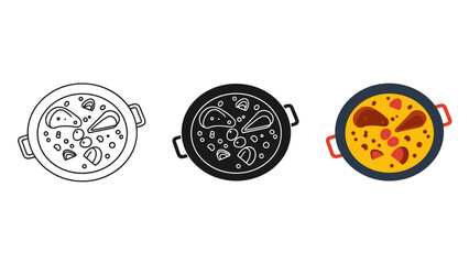 Three pizza illustrations in different styles and colors in pans on white background