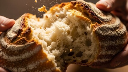 Fresh artisan bread breaking apart, crumbs falling, warm light, crispy texture, realistic food photography