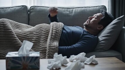 Ill man with a cold or flu resting on the couch under a blanket, suffering from a headache and fever. Many used tissues are on the coffee table next to him, showing his discomfort - Powered by Adobe