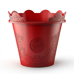 Vibrant red decorative pot featuring traditional Chinese embossed patterns, isolated on a white background. made with generative AI