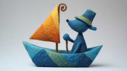 A charming felted creature sailing a boat, complete with a vibrant sail and a whimsical hat, showcasing playful colors and soft textures.