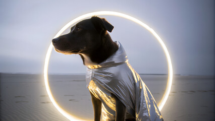 Futuristic Black Dog Wearing Shiny Silver Spacesuit Standing in Front of Glowing Neon Circle on the Beach