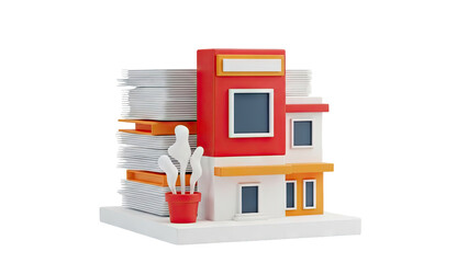 Stylized 3D Building with Stack of Papers and Plant