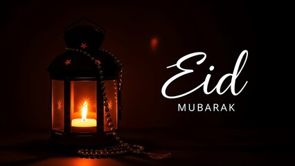Eid mubarak lantern with candlelight in dark background