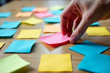 Colorful Chaos: A Desk Covered in Sticky Notes, One Hand Reaching Out