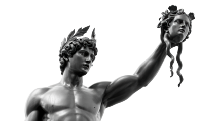 Powerful classical sculpture of a male figure Perseus holding the severed head of Medusa with dramatic lighting on a dark background