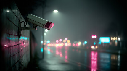 Surveillance camera on wet street at night with neon lights and rain reflections cyberpunk atmosphere security control
