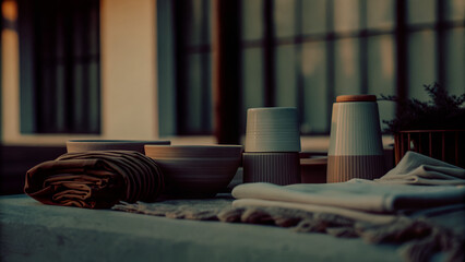Traditional Japanese Zen spa interior with rolled towels, ceramic pottery, and shoji screen background in cinematic sunset lighting