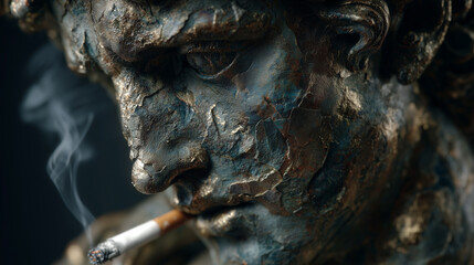 Bronze philosopher statue smoking cigarette close up cracked patina smoke dark atmosphere contemplation art concept portrait symbol

