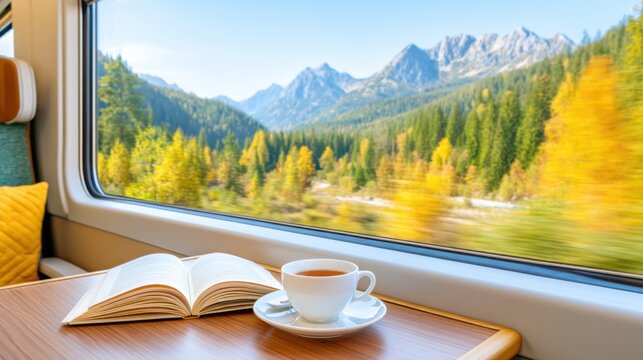 Cinematic view from a train window, landscape passing by (mountains and forest), motion blur, on the table is a cup of tea and an open book, cozy travel
