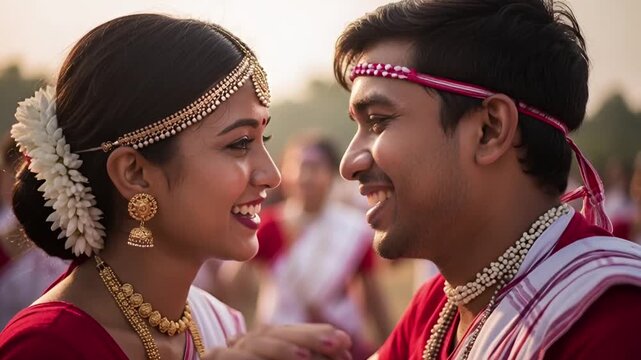 Dancers in White Sarees With Red Sashes Performing on Bihu Festival of Assam