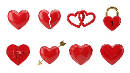 Red heart set including broken, locked, gift, arrow, and envelope variants isolated. Valentines day and romantic love collection.