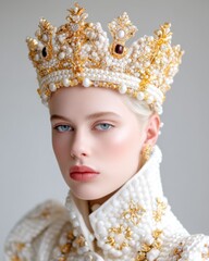 Editorial art photography, an elaborate royal crown made of cream colored needle felted wool, heavily decorated with real pearls, gold filigree