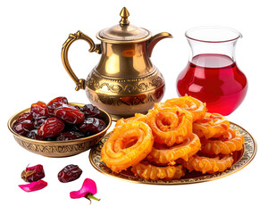 Cinematic shot of an Iftar table with golden jalebi, a bowl of dates, and a pitcher of red rose syrup, isolated on white background