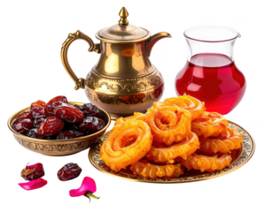 Cinematic shot of an Iftar table with golden jalebi, a bowl of dates, and a pitcher of red rose syrup, isolated on white background