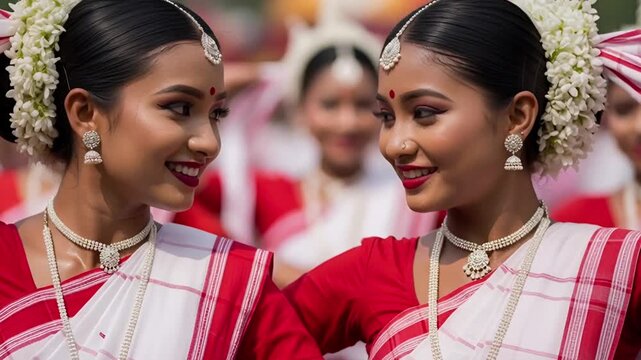 Dancers in White Sarees With Red Sashes Performing on Bihu Festival of Assam