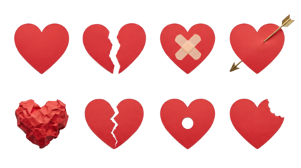 Red heart set including broken, bandaged, pierced, crumpled, and bitten variants isolated. Valentines day and relationship health concept collection.