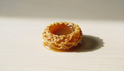 Golden Caramel Candy Ring With Crunchy Sugar Crust Resting On Light Wood Surface.