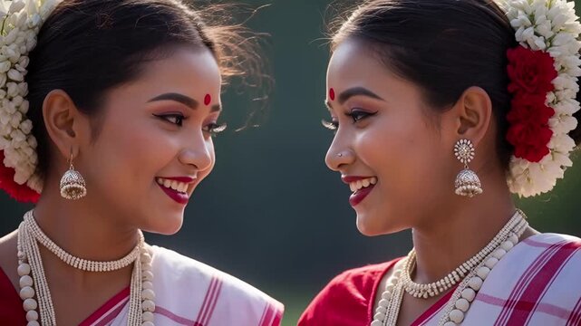 Dancers in White Sarees With Red Sashes Performing on Bihu Festival of Assam